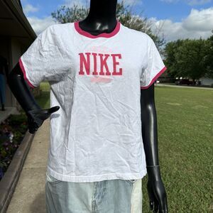 VTG 90s Y2k 2000s‎ Nike Shirt Womens XL White Pink Spellout Crop Ringer Baby Tee